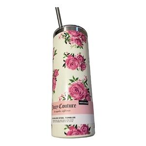Juicy Couture white pink rose floral stainless steel 24oz tumbler with straw new